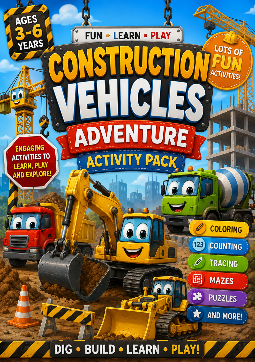Construction Vehicles Adventure Activity Pack – Fun Learning Book for Kids Ages 3–6